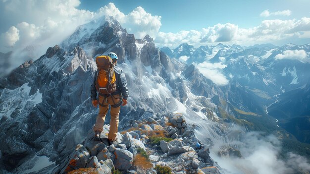 Uomo in piedi in cima alla montagna con uno zaino AI generativa