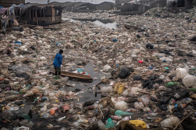 Uomo in piedi in un'enorme discarica Concetto di inquinamento ambientale Creato con l'IA generativa