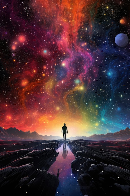 Uomo in piedi nello spazio circondato da stelle e nebulose