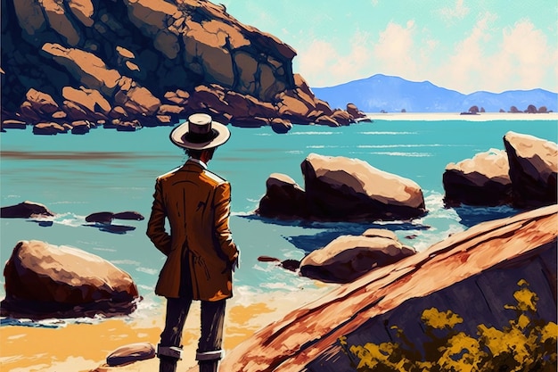 Uomo in piedi su una roccia che guarda la riva in una giornata di sole Uomo in piedi su una roccia che guarda la riva in una giornata di sole Pittura illustrativa in stile arte digitale