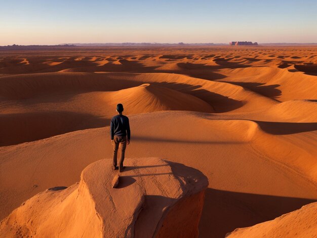 Uomo in piedi su una roccia nel deserto all'alba
