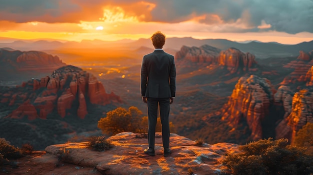 Uomo in piedi su una scogliera con vista sul maestoso tramonto paesaggio ispirazione e avventura vista panoramica serena arte digitale AI