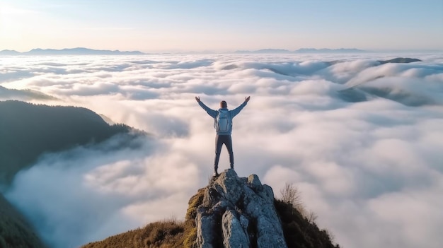 Uomo in piedi sulla cima della montagna e alzando le mani al cielo IA generativa