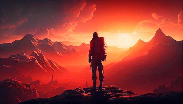 Uomo in piedi sulla cima di una montagna con uno zaino sulla schiena e un tramonto sullo sfondo dietro di lui con un cielo rosso e nuvole arancioni e un'IA generativa di colore rosso