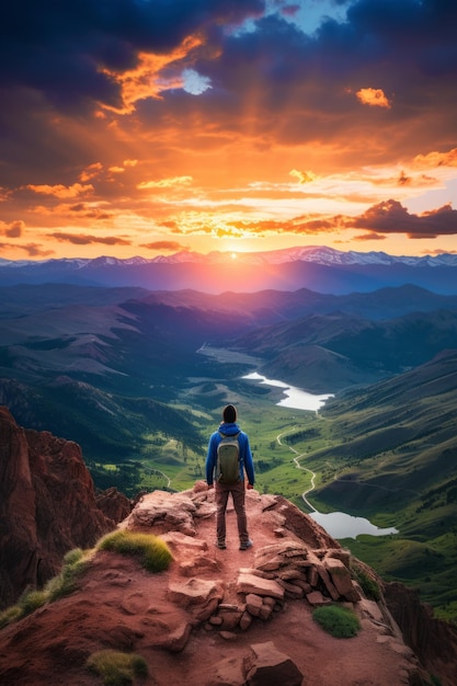 Uomo in piedi sulla cima di una montagna con vista su una valle al tramonto