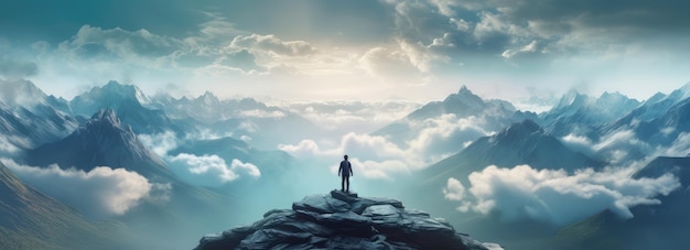 Uomo in piedi sulla cima di una montagna tra le montagne