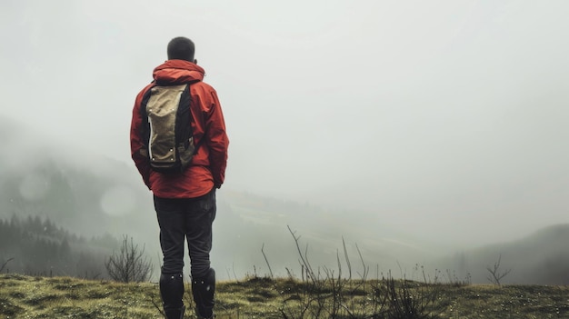 Uomo in piedi sulla collina con lo zaino