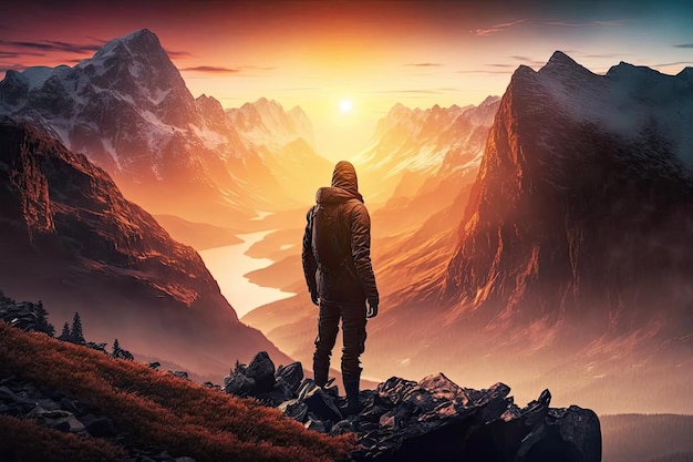 Uomo in piedi sulla scogliera con vista sulla magnifica catena montuosa mentre il sole sorge nel cielo mattutino