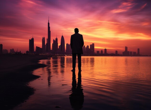 Uomo in piedi sulla spiaggia di fronte alla città