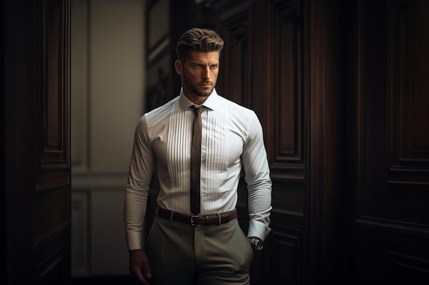 Uomo in posa in camicia o pantaloni bianchi Eleganza e sicurezza definite Ai generativa