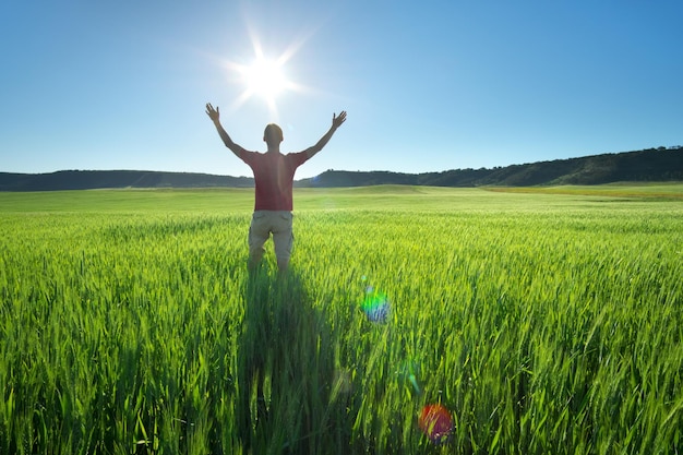 Uomo in prato verde e sole