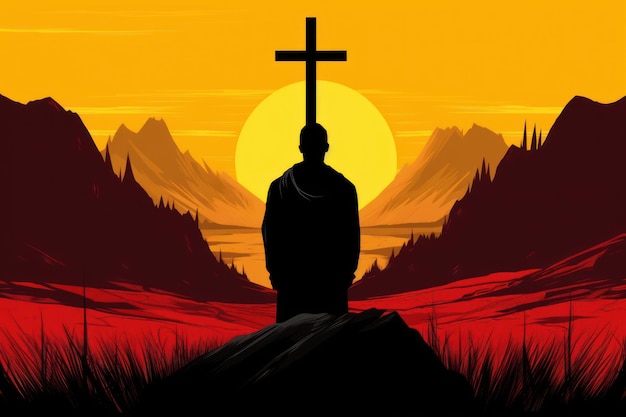 Uomo in preghiera davanti alla croce concetto cristiano silhouette di un uomo che si inginocchia davanti a un cro