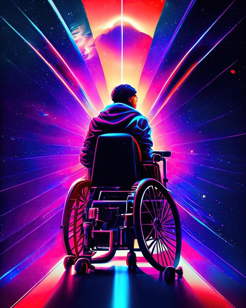 uomo in sedia a rotelle speranza sfondo nuvola sfondo colore galassia luce intensa