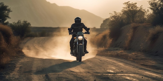 Uomo in sella a una moto su strada