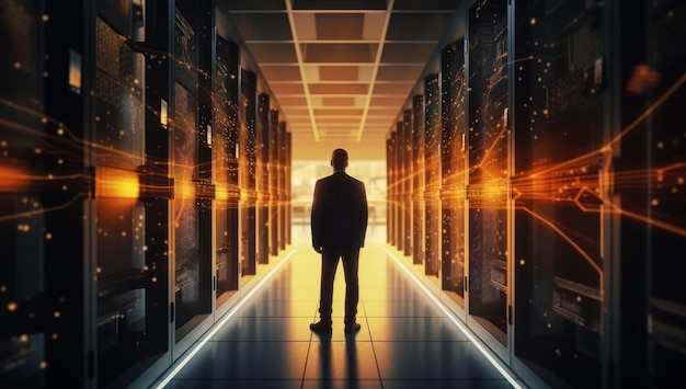 Uomo in Server Room Technology e Computing Esperto in Data Center Networking e Cloud Services Hardware e Cybersecurity Management Specialista IT con supporto