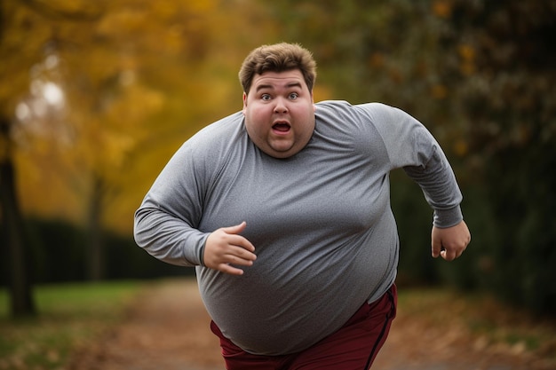 Uomo in sovrappeso che corre e fa jogging all'aperto all'alba