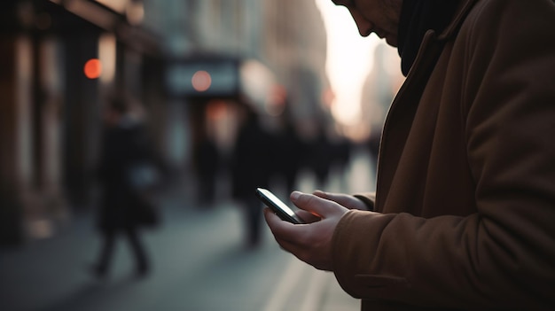 Uomo in strada che guarda il cellulare IA generativa