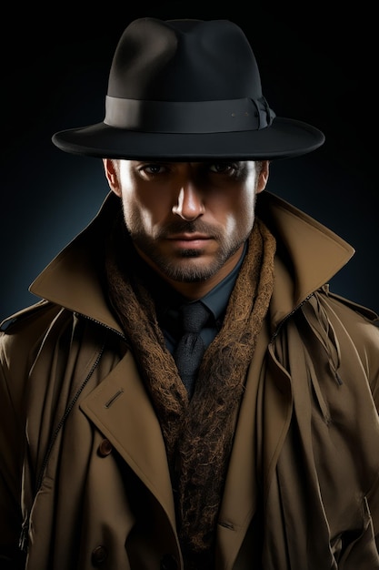 Uomo in trench coat e cappello con la sciarpa attorno al collo AI generativa