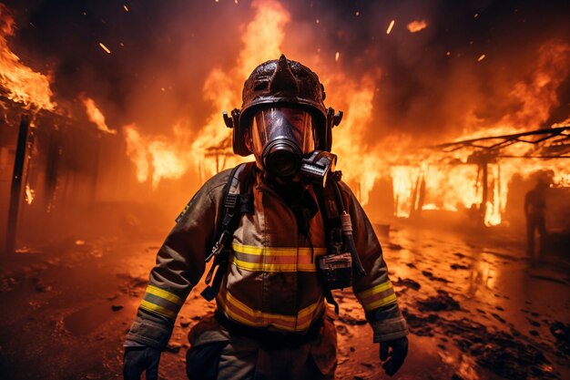 uomo in tuta di vigile del fuoco in piedi in un grande incendio generativo ai