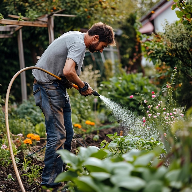 Uomo in un giardino che annaffia vari tipi di piante