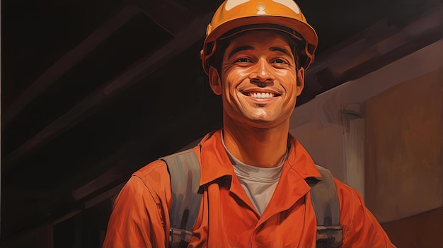 uomo in uniforme da lavoro sorridente davanti nello stile della costruzione modulare