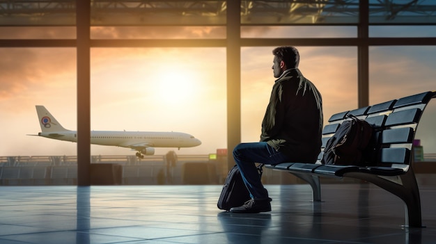 Uomo in vacanza per viaggiare sullo sfondo dell'aeroporto Concetto di stile di vita