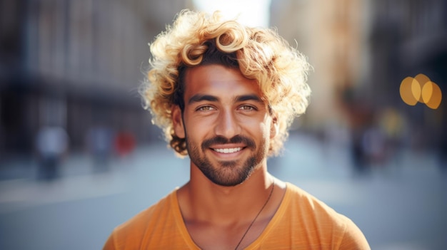 Uomo indiano adulto sorridente con capelli ricci biondi Ritratto fotografico di una persona informale in una strada cittadina Illustrazione orizzontale fotorealistica generata da Ai