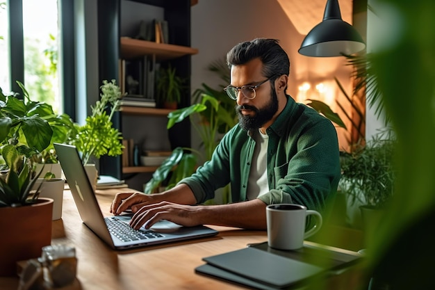 Uomo indiano che lavora al computer portatile nel caffè freelance o concetto di lavoro