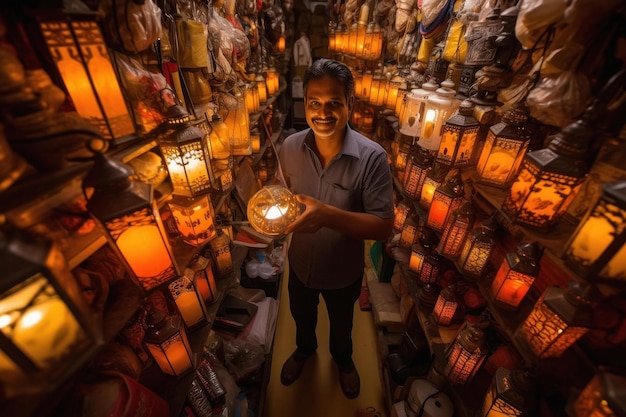 Uomo indiano che vende lanterne per il festival di Diwali