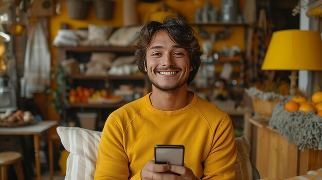 Uomo indiano felice con uno smartphone che ordina online facendo pagamenti bancari mobili usando un'applicazione pubblicitaria sul cellulare