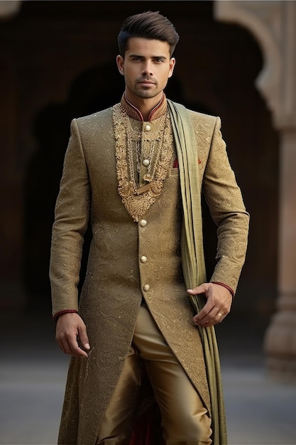 uomo indiano modello di moda maschio in abiti tradizionali o kurta pigiama stoffe sherwani posando per la foto