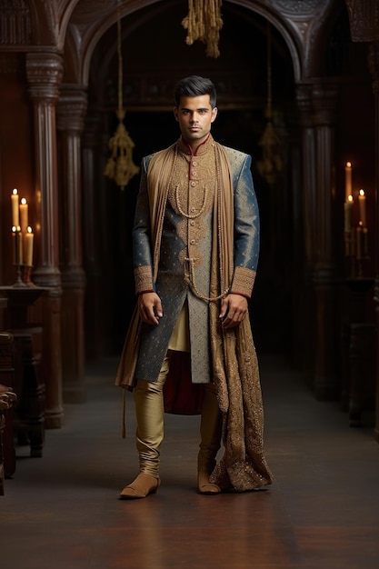 uomo indiano modello di moda maschio in abiti tradizionali o kurta pigiama stoffe sherwani posando per la foto