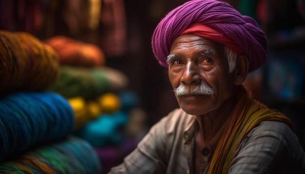 Uomo indiano senior sorridente in turbante colorato generato dall'intelligenza artificiale