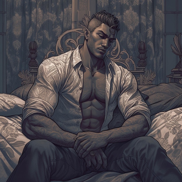 uomo indù muscoloso romantico vestito sdraiato a letto affilato