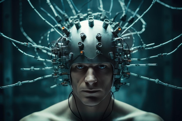 Uomo innovativo con elettrodi cerebrali casco futuristico Generare ai