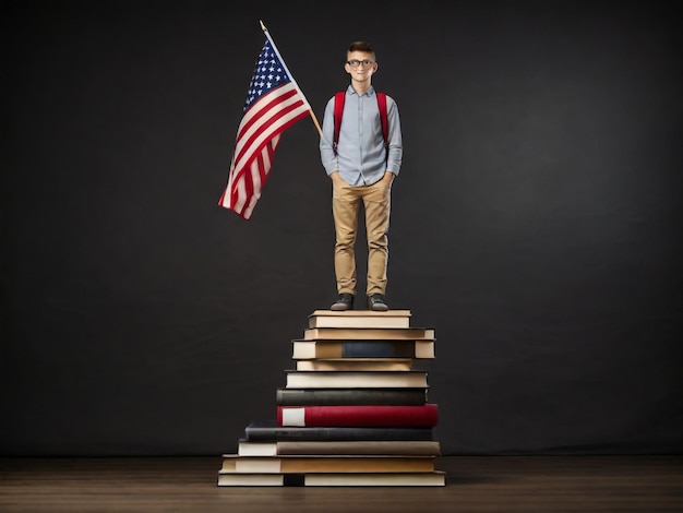 Uomo intelligente studente in piedi su libri impilati con bandiera auto-apprendimento miglioramento personale conoscenza ottenimento di risultati educativi