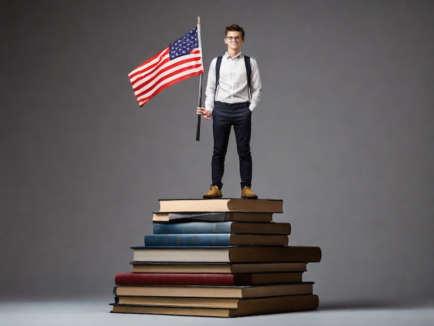 Uomo intelligente studente in piedi su libri impilati con bandiera auto-apprendimento miglioramento personale conoscenza ottenimento di risultati educativi