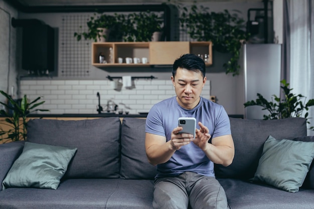 Uomo interessato che legge notizie online guardando lo schermo del telefono Asiatico seduto sul divano a casa serio e triste