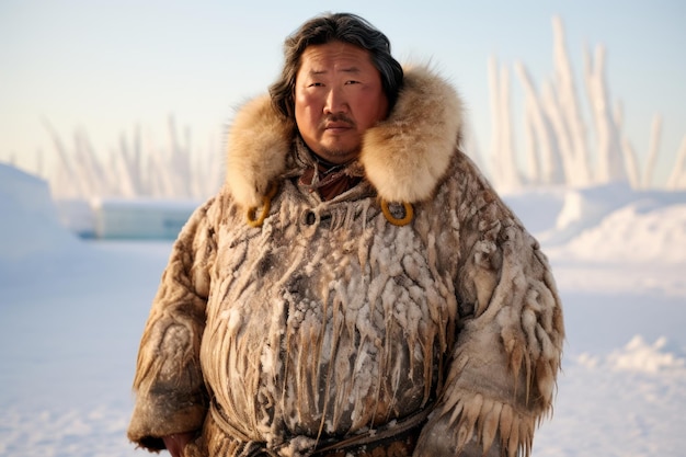 Uomo inuit con cappotto di pelliccia nell'ambiente ghiacciato dell'Alaska