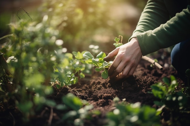 Uomo irriconoscibile che fa giardinaggio piantando fiori tagliando siepi o raccogliendo verdure