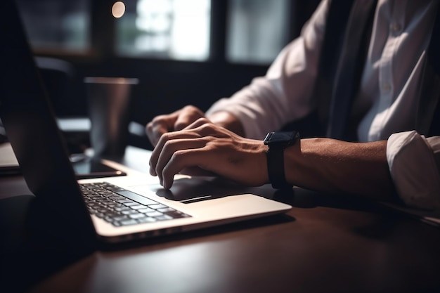 Uomo irriconoscibile che lavora in un ufficio moderno utilizzando un laptop che collabora con i colleghi