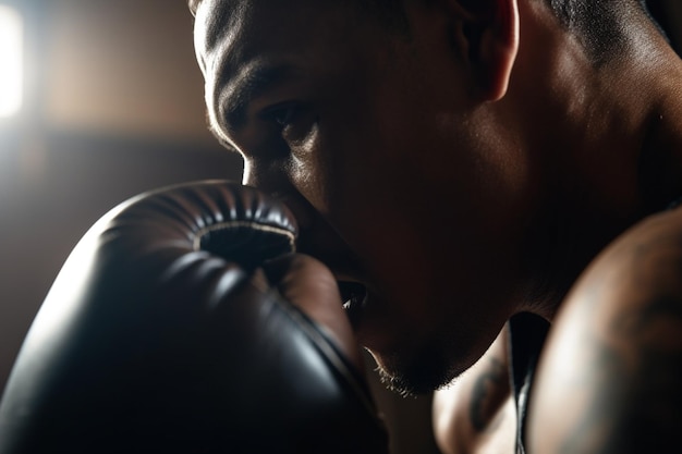 Uomo irriconoscibile che pratica kick boxing lanciando pugni e mostrando potenza e atletismo