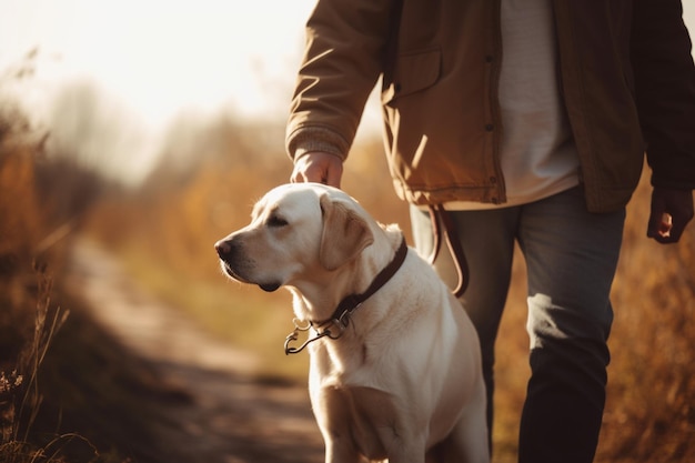 Uomo irriconoscibile che trascorre del tempo di qualità con il suo animale domestico che gioca a prendere andando a fare una passeggiata