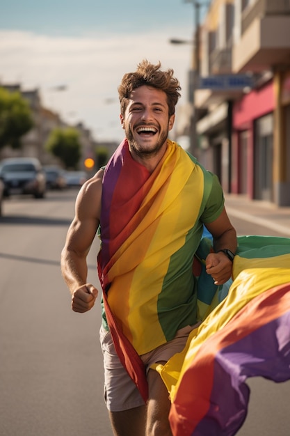 Uomo ispanico con il trucco e i capelli lunghi avvolti in una bandiera lgbtq arcobaleno che fa l'occhiolino guardando la telecamera con un'espressione sexy un viso allegro e felice