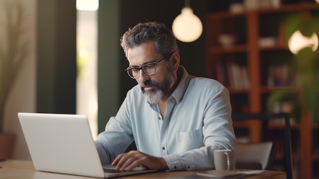 Uomo ispanico di mezza età che utilizza un computer portatile per studiare affari guarda il webinar virtuale online