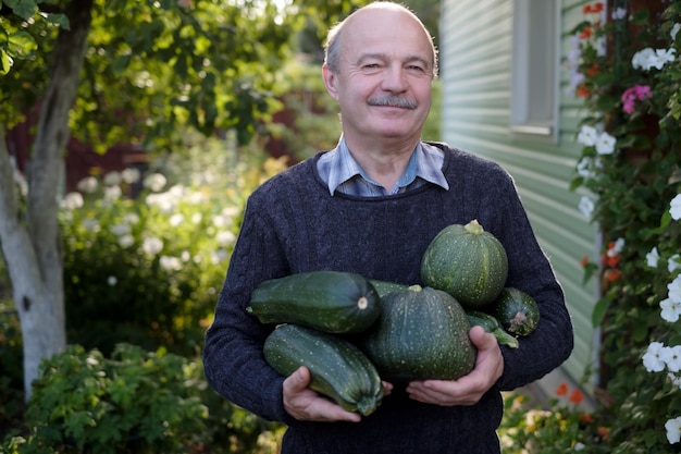 Uomo ispanico senior che tiene zucchine verdi stagionali fresche che sorride essendo contento