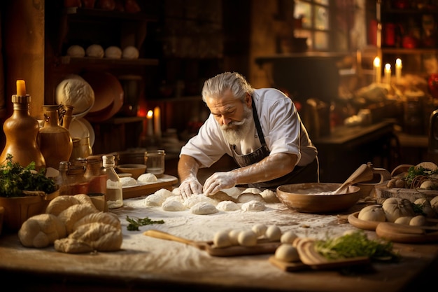 Uomo italiano che impasta lo chef tradizionale della pasta della pizza in cucina, cibo mediterraneo fatto in casa