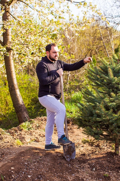 Uomo laborioso che si prende cura degli alberi in giardino