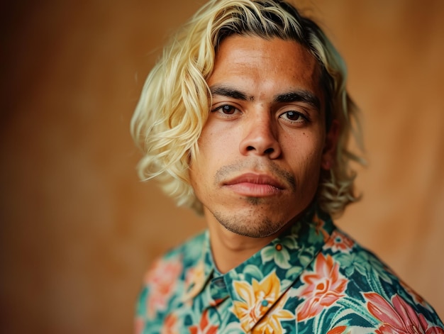 Uomo latino adulto fotorealistico con illustrazione vintage capelli biondi lisci