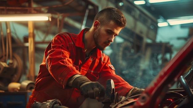 uomo latino meccanico che lavora in un carro in suo taller con uniforme rosso